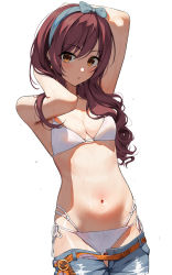Rule 34 | 1girl, arm up, bikini, blush, breasts, brown eyes, cleavage, gin00, grey hairband, hairband, hand in own hair, highres, idolmaster, idolmaster shiny colors, long hair, looking at viewer, medium breasts, navel, osaki amana, parted lips, purple hair, simple background, swimsuit, thighs, white background, white bikini