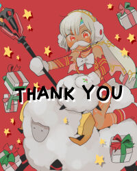 Rule 34 | 1girl, altera (fate), altera the santa (fate), boots, bow, bra, choker, christmas, collarbone, dark-skinned female, dark skin, earmuffs, fake facial hair, fake mustache, fate/grand order, fate (series), gift, highres, holding, holding staff, long hair, looking at viewer, mittens, oneroom-disco, red background, red bra, red choker, red eyes, red footwear, riding, sheep, solo, staff, star (symbol), thank you, underwear, white bow, white hair, white mittens
