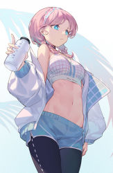 Rule 34 | 1girl, arknights, bare shoulders, black pants, blue eyes, blue poison (arknights), blue poison (shoal beat) (arknights), blue shorts, braid, breasts, commentary, cowboy shot, crop top, earrings, hairband, hand up, highres, holding, jacket, jewelry, leggings, long sleeves, medium breasts, midriff, navel, nian (zhanian), official alternate costume, open clothes, open jacket, pants, pink hair, short hair, short shorts, shorts, solo, sports bra, standing, stomach, thighs, twin braids, white jacket