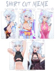 Rule 34 | animal ears, arm strap, armpits, blue eyes, blue kimono, breasts squeezed together, breasts, china dress, chinese clothes, cleavage cutout, clothing cutout, commentary, crop top, detached sleeves, dress, english commentary, english text, flower, hair flower, hair ornament, hair stick, highres, indie virtual youtuber, innerboob, japanese clothes, kimono, leopard ears, leopard girl, long hair, looking at viewer, low twintails, meme, mole, mole under mouth, multiple drawing challenge, naftosaur, navel, obi, off shoulder, open mouth, petite, pink dress, plunging neckline, ribs, sash, shirt cut meme, shirt cut meme, sideboob, small breasts, smile, su&#039;ri (vtuber), twintails, underboob, underboob cutout, v arms, virtual youtuber, white hair