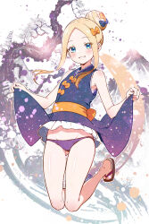 Rule 34 | 1girl, abigail williams (fate), bare arms, bare shoulders, black bow, black dress, black footwear, blonde hair, blue eyes, blush, bow, commentary request, dress, fate/grand order, fate (series), forehead, full body, gluteal fold, grin, groin, hair bow, hair bun, hanagata kai, looking at viewer, orange bow, panties, parted bangs, polka dot, polka dot bow, purple panties, sandals, sidelocks, sleeveless, sleeveless dress, smile, solo, underwear, white background, zouri