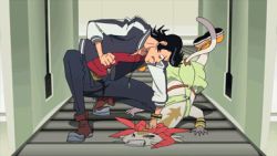 Rule 34 | 10s, 1boy, afterimage, alien, angry, animated, animated gif, black hair, cat, dandy (space dandy), fighting, indoors, lowres, meow (space dandy), pompadour, short hair, space dandy