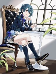 Rule 34 | 1boy, black bow, black footwear, blue coat, blue hair, blue socks, board game, bow, chess, chess piece, coat, crossed legs, flower, full body, genshin impact, hair bow, highres, holding chess piece, low ponytail, male focus, official alternate costume, official alternate hairstyle, open mouth, shoes, short hair, short ponytail, shorts, sitting, smile, socks, solo, table, white flower, white shorts, xingqiu (bamboo rain) (genshin impact), xingqiu (genshin impact), yellow eyes, yoko (nz g)