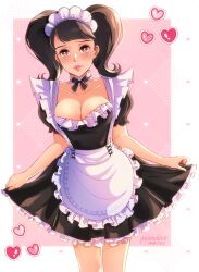 Rule 34 | 1girl, absurdres, apron, black bow, black bowtie, black dress, black hair, blush, border, bow, bowtie, breasts, brown eyes, cleavage, collarbone, commentary, commission, dress, english commentary, frilled dress, frills, heart, highres, kawakami sadayo, large breasts, lips, maid, maid apron, maid headdress, parted lips, persona, persona 5, pink lips, pixie (pixieinktvis), puffy short sleeves, puffy sleeves, short sleeves, skirt hold, solo, twintails, white border