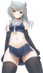 Rule 34 | 1girl, black gloves, black thighhighs, blue shirt, blue skirt, cowboy shot, crop top, elbow gloves, fake horns, gloves, gradient neckerchief, grey eyes, grey hair, highres, horned headwear, horns, i-201 (kancolle), kantai collection, long hair, navel, nontraditional school swimsuit, one-hour drawing challenge, panties, pantyshot, redundant-cat, sailor collar, school swimsuit, shirt, simple background, skirt, sleeveless, sleeveless shirt, solo, swimsuit, thighhighs, underwear, white background, white sailor collar