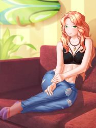 Rule 34 | 1girl, abs, artist request, bare shoulders, belly, black bra, blue pants, bra, breasts, cleavage, closed mouth, collarbone, couch, date crush stories, denim, fang, tooth necklace, game cg, green eyes, highres, holes, indoors, jeans, jewelry, kayla (date crush stories), leaf, long hair, looking at viewer, medium breasts, midriff, navel, necklace, no shoes, orange hair, pants, plant, sitting, sleeveless, smile, socks, solo, stomach, surfboard, underwear, wall