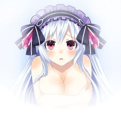 Rule 34 | 1girl, blush, breasts, cleavage, covering privates, covering breasts, fairy fencer f, lolita headband, long hair, looking at viewer, medium breasts, nude, open mouth, pink eyes, solo, tiara (fairy fencer f), white hair