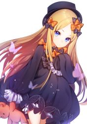 Rule 34 | 1girl, abigail williams (fate), bad id, bad pixiv id, black bow, black dress, black hat, blonde hair, bloomers, blue eyes, bow, bug, butterfly, closed mouth, commentary, dress, dutch angle, fate/grand order, fate (series), forehead, hair bow, hand up, hat, highres, holding, holding stuffed toy, insect, long hair, long sleeves, looking at viewer, orange bow, parted bangs, popupi, simple background, sleeves past fingers, sleeves past wrists, solo, stuffed animal, stuffed toy, symbol-only commentary, teddy bear, underwear, very long hair, white background, white bloomers