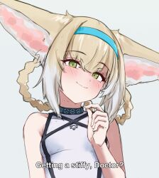 1girl absurdres animal_ears arknights bare_arms bare_shoulders blonde_hair blue_hairband blush closed_mouth commentary derivative_work english_text green_eyes grey_background grey_hair grey_shirt hairband hand_up highres infection_monitor_(arknights) looking_at_viewer mesugaki multicolored_hair scene_reference screenshot_redraw shirt short_hair simple_background sleeveless sleeveless_shirt smile solo streaked_hair subtitled suzuran_(arknights) tobildesu tokidoki_bosotto_roshia-go_de_dereru_tonari_no_alya-san upper_body