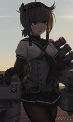 Rule 34 | 10s, 1girl, @ @, ahoge, anchor symbol, antenna hair, artist name, black gloves, black pantyhose, black skirt, blue sky, blunt bangs, brown eyes, brown hair, cannon, chain, chou-10cm-hou-chan (hatsuzuki&#039;s), closed mouth, clothes writing, corset, dark, elbow gloves, expressionless, eyebrows, gloves, hairband, hatsuzuki (kancolle), highres, kantai collection, looking up, machinery, miniskirt, morning, neckerchief, novcel, outdoors, pantyhose, pleated skirt, puffy short sleeves, puffy sleeves, revision, robot, school uniform, serafuku, shirt, short hair, short sleeves, skirt, sky, solo, sunlight, turret, white shirt