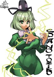 Rule 34 | &gt;:|, 1girl, :|, artist name, breasts, character name, closed mouth, dress, electricity, green dress, green eyes, green hair, hair ribbon, hat, japanese clothes, looking at viewer, matching hair/eyes, one-hour drawing challenge, ribbon, short hair, soga no tojiko, solo, tate eboshi, touhou, tsurime, umigarasu (kitsune1963), upper body, v-shaped eyebrows, white background
