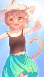 Rule 34 | 1girl, :d, absurdres, ahoge, animal ears, annin miru, annin miru channel, blonde hair, bloom, blue background, cowboy shot, day, hat, highres, light rays, looking at viewer, maka neko, open mouth, outdoors, short hair, smile, solo, standing, swept bangs, tail, virtual youtuber, white hat, yellow eyes