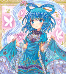 Rule 34 | 1girl, alternate costume, black neckwear, blue dress, blue eyes, blue hair, blush, breasts, bug, butterfly, center frills, closed mouth, clothes lift, commentary request, cowboy shot, dress, floral print, flower, flower request, frills, hagoromo, hair ornament, hair rings, hair stick, holding, holding clothes, holding skirt, insect, kaku seiga, lifted by self, looking at viewer, marker (medium), petticoat, pink flower, puffy short sleeves, puffy sleeves, rui (sugar3), sample watermark, see-through, shawl, short hair, short sleeves, skirt, skirt lift, small breasts, smile, solo, standing, touhou, traditional media, watermark