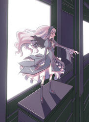Rule 34 | 00s, 1girl, black wings, boots, dress, expressionless, floating hair, flower, frills, full body, hairband, long hair, long sleeves, looking away, mao (daiou), outstretched hand, puffy sleeves, rose, rozen maiden, silver hair, solo, suigintou, very long hair, window, wings