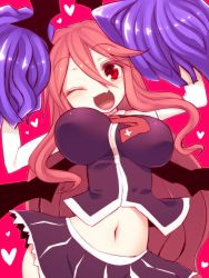 Rule 34 | 1girl, ;d, adapted costume, alternate costume, arms up, bat wings, breasts, cheerleader, cross, fang, gloves, head wings, heart, koakuma, kuresento, large breasts, long hair, looking at viewer, low wings, midriff, navel, necktie, one eye closed, open mouth, pom pom (cheerleading), red eyes, red hair, red necktie, shirt, simple background, skirt, skirt set, sleeveless, smile, solo, touhou, wings