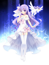 Rule 34 | 1girl, animal, azur lane, bad id, bad pixiv id, bare shoulders, blush, bow, bride, closed mouth, collarbone, commentary request, criss-cross halter, dress, flower, garter straps, hair between eyes, halterneck, lingsexuanlv, long hair, off-shoulder dress, off shoulder, pink bow, purple eyes, purple hair, rose, shoes, smile, solo, star (symbol), starry background, thighhighs, unicorn (azur lane), very long hair, wedding dress, white dress, white flower, white footwear, white rose, white thighhighs, winged unicorn