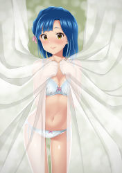 Rule 34 | 1girl, absurdres, bare arms, bare legs, blue bra, blue hair, blue panties, blush, bow, bow bra, bow panties, bra, breasts, cleavage, collarbone, curtains, gluteal fold, hair bow, highres, idolmaster, idolmaster million live!, idolmaster million live! theater days, lace, lace-trimmed bra, lace-trimmed panties, lace trim, laikass, lingerie, looking at viewer, nanao yuriko, navel, panties, see-through, short hair, side-tie panties, small breasts, smile, underwear, yellow eyes
