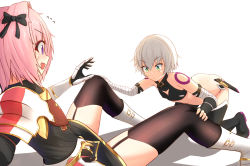 Rule 34 | 1boy, 1girl, :&lt;, astolfo (fate), black bow, black footwear, black thighhighs, blush, boots, bow, closed mouth, fate/grand order, fate (series), garter straps, green eyes, grey hair, hair bow, highres, jack the ripper (fate/apocrypha), long hair, looking at another, md5 mismatch, nekoda (maoda), open mouth, pink hair, purple eyes, resolution mismatch, short hair, sitting, source larger, thigh boots, thighhighs, trap