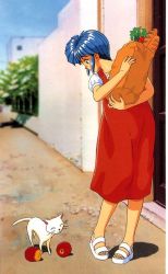 Rule 34 | 1990s (style), 1girl, animal, apple, bag, baguette, blue hair, bread, cat, day, dress, food, fruit, full body, groceries, grocery bag, holding, jpeg artifacts, kokura masashi, looking at another, nijino saki, official art, outdoors, paper bag, pigeon-toed, pinafore dress, profile, retro artstyle, scan, shopping bag, short hair, short sleeves, sleeveless dress, solo, standing, tokimeki memorial, tokimeki memorial 1, white cat