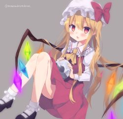 Rule 34 | alternate hairstyle, ascot, black footwear, blonde hair, blush, bobby socks, bow, commentary request, crystal, dress, fang, flandre scarlet, frills, grey background, hand on another&#039;s head, hat, hat bow, highres, long hair, long sleeves, mary janes, mob cap, momomaron, open mouth, red bow, red dress, red eyes, shirt, shoes, simple background, sitting, skin fang, skull, socks, touhou, twitter username, white headwear, white shirt, white socks, wings, yellow ascot