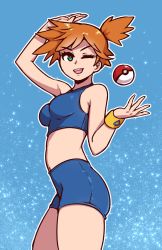 Rule 34 | 1girl, ;d, akairiot, arm up, bare shoulders, bikini, bikini shorts, blue background, blue bikini, blue eyes, breasts, commentary, cowboy shot, creatures (company), english commentary, game freak, gradient hair, green eyes, gym leader, highres, looking at viewer, medium breasts, misty (pokemon), multicolored hair, nintendo, one eye closed, open mouth, orange hair, outline, poke ball, poke ball (basic), pokemon, pokemon frlg, revision, short hair, shorts, side ponytail, smile, solo, sports bikini, swimsuit, thighs, tossing, upper body, white outline, wristband