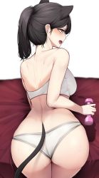 Rule 34 | 1girl, animal ears, ass, bare arms, bare shoulders, black hair, blush, bra, cat ears, cat tail, commentary, ddangbi, english commentary, fangs, from behind, highres, legs together, looking at viewer, looking back, medium hair, no shirt, open mouth, original, panties, ponytail, slit pupils, solo, tail, underwear, underwear only, white bra, white panties, yellow eyes