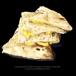Rule 34 | artist name, black background, cheese, copyright notice, email address, food, food focus, highres, naan bread, no humans, original, simple background, uroyama (macrophage)