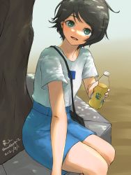 Rule 34 | 1girl, black hair, bottle, commentary request, cowboy shot, denim, denim shorts, green eyes, head out of frame, highres, kantai collection, mogami (kancolle), official alternate costume, shirt, short hair, shorts, sitting, solo, swept bangs, t-shirt, tree, umibudou, white shirt