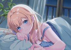 Rule 34 | 1girl, absurdres, aizawa ema, bad id, bad pixiv id, bed, blonde hair, blue eyes, collarbone, commentary, curtains, gekka (luna gekka), hair intakes, highres, long hair, looking at viewer, lying, night, nightgown, on stomach, pillow, plant, smile, solo, strap slip, virtual youtuber, vspo!, window