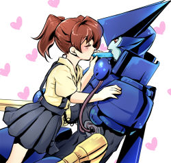 Rule 34 | 1boy, 1girl, android, asagi marin, black skirt, blue skin, blush, brigadoon, brown hair, colored skin, closed eyes, hand on another&#039;s shoulder, heart, hetero, looking at another, melan blue, niku (amikoto), pleated skirt, ponytail, red eyes, shared food, shirt, short hair, simple background, skirt, suspenders, yellow shirt