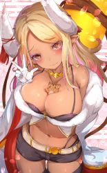 Rule 34 | 1girl, animal, animal between breasts, bare shoulders, between breasts, black shorts, black thighhighs, blonde hair, blush, boar, breasts, brown eyes, chinese zodiac, cleavage, closed mouth, collarbone, commentary request, draph, egasumi, eyeshadow, facial mark, fang, fang out, gloves, granblue fantasy, hand up, head tilt, highres, horns, jacket, kumbhira (granblue fantasy), large breasts, long hair, looking at viewer, makeup, midriff, navel, pointy ears, rai (sakuranbo sugar), short shorts, shorts, smile, solo, swept bangs, thighhighs, w, wavy mouth, white gloves, white jacket, year of the pig
