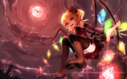 Rule 34 | 2girls, ass, bare shoulders, bat wings, black legwear, blonde hair, boots, detached sleeves, dress, fang, flandre scarlet, flying, full moon, hair ribbon, highres, long sleeves, moon, multiple girls, nail polish, night, open mouth, outstretched arms, panties, qys3, red dress, red eyes, red moon, red nails, remilia scarlet, revision, ribbon, scarlet devil mansion, siblings, side ponytail, sisters, sky, slit pupils, smile, striped clothes, striped panties, thighhighs, touhou, underwear, wings