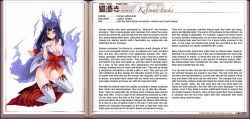 Rule 34 | 1girl, animal ears, aura, blush, bow, breasts, character profile, cleavage, collarbone, english text, fire, fox, fox ears, fox shadow puppet, glowing, hard-translated, japanese clothes, kenkou cross, kitsune, kitsune-tsuki, kitsune-tsuki (monster girl encyclopedia), kneeling, long hair, looking at viewer, medium breasts, miko, monster girl, monster girl encyclopedia, monster girl encyclopedia ii, no panties, off shoulder, official art, possessed, purple eyes, purple hair, smile, solo, spirit, thighhighs, thighs, third-party edit, translated, white thighhighs