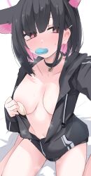 Rule 34 | 1girl, animal ears, black choker, black hair, black hoodie, blue archive, blush, breasts, cat ears, cat girl, choker, collarbone, colored inner hair, commentary, food, food in mouth, food on body, food on breasts, halo, highres, hood, hood down, hoodie, kazusa (blue archive), large breasts, looking away, looking to the side, macaron, medium hair, mikozin, mouth hold, multicolored hair, navel, open clothes, open hoodie, outstretched arm, paid reward available, partially unzipped, pendant choker, pink eyes, pink hair, pink halo, pussy juice, selfie, sidelocks, sitting, solo, sweat, two-tone hair, wariza, white background