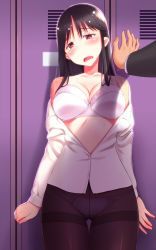 Rule 34 | 1boy, 1girl, black hair, black pantyhose, blush, bra, breasts, cleavage, dressing room, embarrassed, highres, imminent rape, large breasts, legs, locker, locker room, long hair, looking at viewer, nabesekizaiten, open clothes, open mouth, open shirt, panties, panties under pantyhose, pantyhose, pov, red eyes, sad, shirt, solo focus, sweat, teacher, tears, thigh gap, thighband pantyhose, unbuttoned, underwear