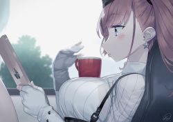 Rule 34 | 1girl, atlanta (kancolle), backlighting, blew andwhite, blue eyes, blush, bra visible through clothes, breasts, brown hair, commentary request, cup, earrings, from side, gloves, hat, highres, holding, jewelry, kantai collection, large breasts, long hair, long sleeves, mug, object on breast, partially fingerless gloves, profile, shirt, signature, single earring, sitting, solo, star (symbol), star earrings, twintails, upper body