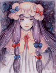 Rule 34 | 1girl, blue bow, blunt bangs, bow, crescent, crescent hat ornament, dress, eyelashes, hat, hat ornament, highres, johnalay, light smile, long hair, looking at viewer, mob cap, painting (medium), patchouli knowledge, purple eyes, purple hair, ribbon, solo, striped clothes, striped dress, touhou, traditional media