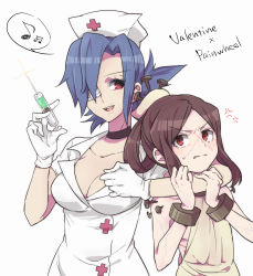 Rule 34 | 2girls, arm around neck, bad id, bad pixiv id, breasts, brown hair, carol (skullgirls), character name, choker, cleavage, eyepatch, gloves, hair rings, highres, hospital gown, multiple girls, no mask, nurse, painwheel (skullgirls), red eyes, scar, skullgirls, sorimachi-doufu, stitches, syringe, valentine (skullgirls), white gloves