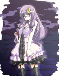 Rule 34 | 1girl, alternate costume, bespectacled, black thighhighs, book, crescent, crescent hair ornament, female focus, garter belt, garter straps, glasses, hair ornament, kaneru, no headwear, no headwear, oekaki, patchouli knowledge, solo, thighhighs, touhou
