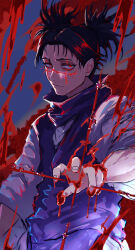 Rule 34 | 1boy, absurdres, black hair, black scarf, blood, blood on face, choso (jujutsu kaisen), closed mouth, commentary request, glowing, glowing eyes, highres, japanese clothes, jujutsu kaisen, kimono, looking at viewer, red eyes, robe, scar, scar across eye, scarf, short hair, short twintails, solo, twintails, upper body, white kimono, white robe, yuu (primenumber7)