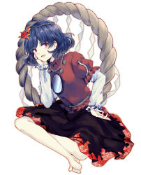 Rule 34 | 1girl, :d, barefoot, black skirt, blue hair, floral print, hair ornament, hand on own cheek, hand on own face, hand up, highres, indian style, leaf hair ornament, long sleeves, looking at viewer, mirror, open mouth, puffy short sleeves, puffy sleeves, red eyes, red shirt, rope, shide, shimenawa, shirt, short hair, short sleeves, simple background, sitting, skirt, smile, solo, touhou, uranaishi (miraura), white background, yasaka kanako
