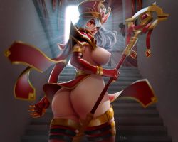 Rule 34 | ass, breasts, cleft of venus, curvy, darkra, highres, huge ass, huge breasts, loincloth aside, looking at viewer, nipples, pussy, sally whitemane, solo, thighhighs, warcraft, weapon, world of warcraft