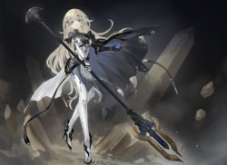 Rule 34 | 1girl, absurdres, asukayou, black cape, blonde hair, blue eyes, bodysuit, cape, commentary request, crystal, ear piercing, earrings, full body, high heels, highres, holding, holding polearm, holding weapon, jewelry, long hair, looking at viewer, mecha musume, original, pelvic curtain, piercing, polearm, prosthesis, prosthetic arm, science fiction, skin tight, solo, stud earrings, very long hair, weapon