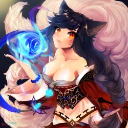 Rule 34 | 1girl, ahri (league of legends), animal ears, bare shoulders, black hair, breasts, cleavage, collarbone, detached sleeves, facial mark, fox ears, fox tail, korean clothes, large breasts, league of legends, light smile, looking at viewer, maipou (maihana), multiple tails, slit pupils, solo, tail, whisker markings, yellow eyes