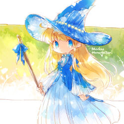 Rule 34 | 1girl, blonde hair, blue dress, blue eyes, blue hat, blue ribbon, closed mouth, commentary request, dated commentary, dress, frilled sleeves, frills, green background, hat, holding, layered dress, long dress, long hair, long sleeves, madou monogatari, neck ribbon, outside border, pillarboxed, puyopuyo, rakuni, ribbon, romaji text, sidelocks, solo, star (symbol), wide sleeves, witch (puyopuyo), witch hat