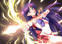 Rule 34 | 1girl, absurdres, aiming, aiming at viewer, archery, atawatsho, bishoujo senshi sailor moon, black hair, bow (weapon), breasts, brooch, choker, circlet, commentary request, covered navel, cowboy shot, earrings, eyebrows hidden by hair, eyes visible through hair, fire, flaming weapon, gem, gloves, heart, heart brooch, highres, hino rei, holding, holding bow (weapon), holding weapon, jewelry, long hair, looking at viewer, looking to the side, magical girl, miniskirt, neck, necklace, open mouth, outstretched arm, parted bangs, pleated skirt, purple eyes, purple hair, red choker, red skirt, sailor mars, sailor senshi uniform, skirt, solo, sparkle, star (symbol), star choker, star earrings, star necklace, straight hair, super sailor mars, thighs, v, very long hair, weapon, white gloves