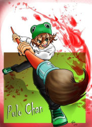 Rule 34 | 1girl, animal costume, brown hair, frog costume, male focus, pulo-chan, solo, tagme