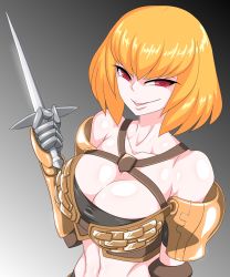 Rule 34 | 1girl, armor, bandeau, blonde hair, breasts, cleavage, clementine (overlord), dagger, gauntlets, highres, knife, large breasts, looking at viewer, mimizu (tokagex), overlord (maruyama), parted lips, red eyes, short hair, smile, solo, weapon