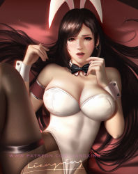 Rule 34 | 1girl, animal ears, armband, black hair, blush, bow, bowtie, breasts, detached collar, earrings, fake animal ears, final fantasy, final fantasy vii, final fantasy vii remake, jewelry, large breasts, leotard, liang xing, lips, long hair, looking at viewer, lying, on back, open mouth, out-of-frame censoring, pantyhose, parted bangs, playboy bunny, rabbit ears, red eyes, signature, solo, square enix, strapless, strapless leotard, thigh strap, tifa lockhart, torn clothes, torn pantyhose, watermark, web address, white leotard, wrist cuffs