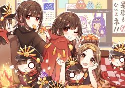 Rule 34 | 1boy, 2girls, arm up, artist name, aunt and niece, basket, belt, black cape, black dress, black jacket, black pants, brother and sister, brown eyes, brown hair, calendar (object), cape, chacha (fate), chibi, commentary request, creature, dress, eating, family crest, fate/grand order, fate (series), fire, food, fou (fate), fruit, hair ornament, hairband, hand up, hat, head rest, highres, holding, holding food, holding fruit, indoors, jacket, koha-ace, kotatsu, long hair, looking at viewer, mandarin orange, marshmallow, mash kyrielight, matryoshka doll, military, military hat, military uniform, mouth hold, multiple girls, oda nobukatsu (fate), oda nobunaga (fate), oda nobunaga (koha-ace), oda uri, one eye closed, open mouth, outline, pants, peaked cap, red cape, red eyes, roasting, siblings, sidelocks, sleeveless, sleeveless dress, smile, table, uncle and niece, uniform, v, very long hair, yui (tamagohan)